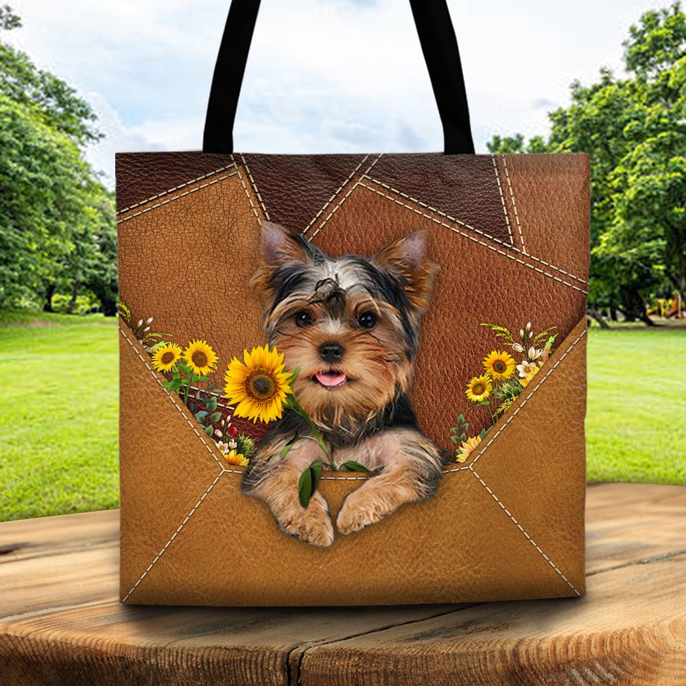 Yorkshire Terrier Holding Sunflower Tote Bag Cute Yorkshire Terrier Sunflower Leather Pattern Tote Bag