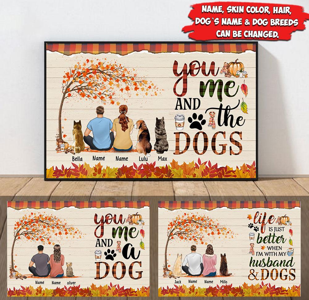 Personalized You And Me And The Dog Autumn Poster, Dog Parents Fall Canvas Poster, Custom Dog Breed And Name Poster