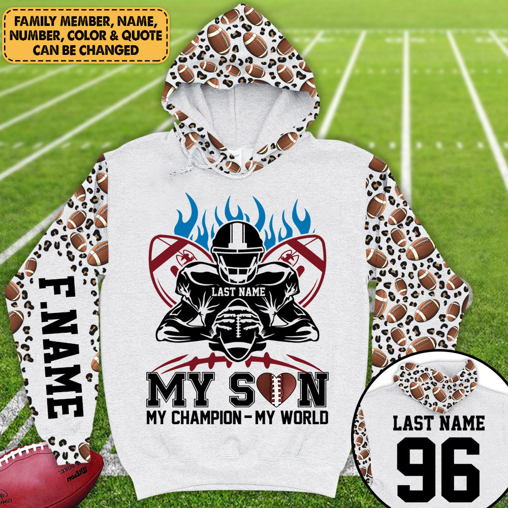 Personalized Shirt My Son My Champion My World Leopard All Over Print Shirt For Football Mom Grandma Game Day Shirt H2511