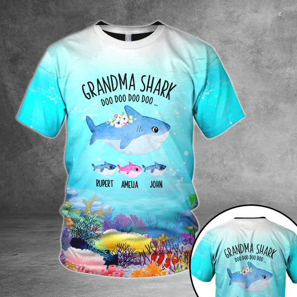 Personalized Grandma Shark Doo Doo Under The Sea 3D Shirt Grandma With Grandkids Name Cute Shark 3D All Over Print Hoodie Zip Hoodie InterestPod