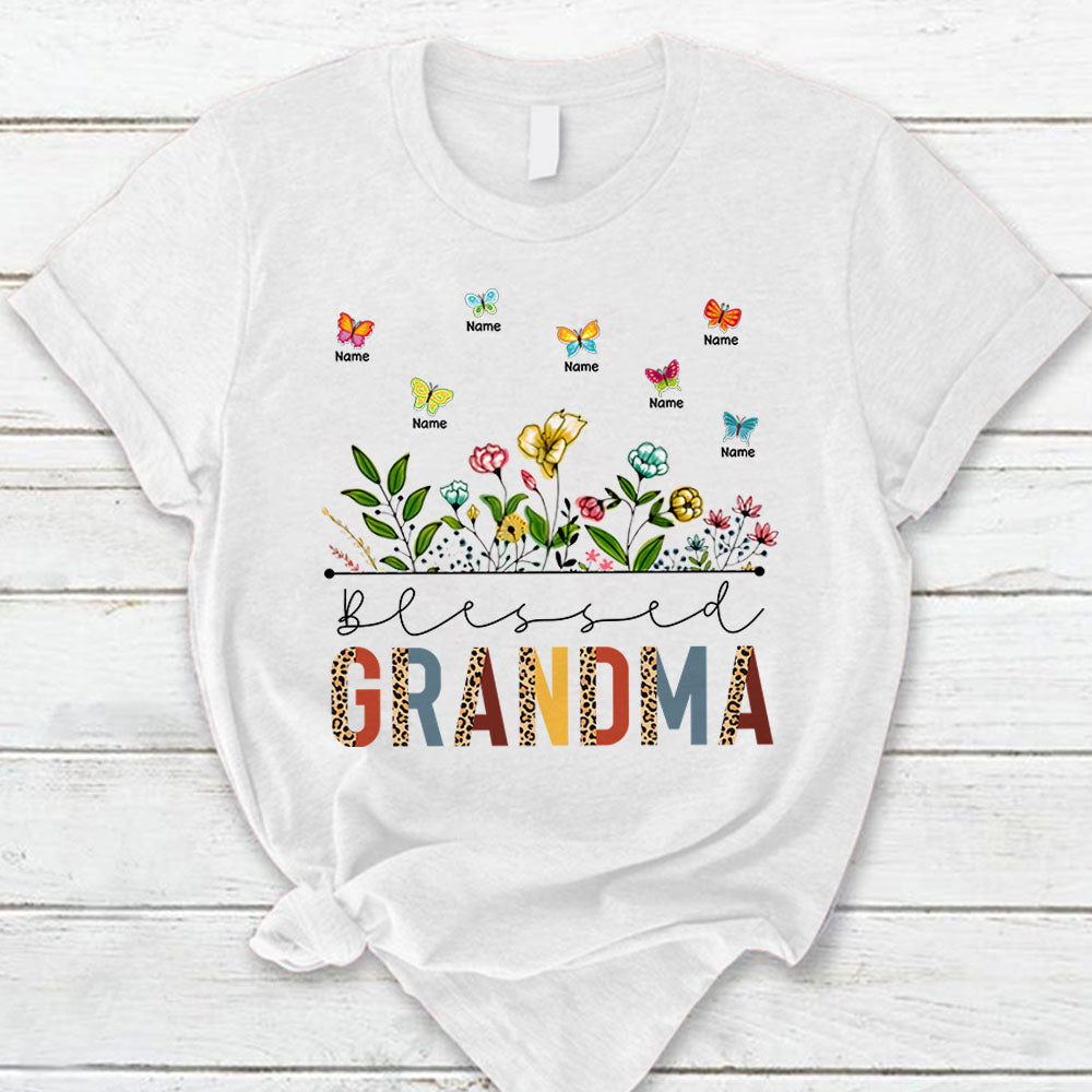 Personalized Blessed Grandma Retro Leopard Wildflowers & Butterflies Shirt
