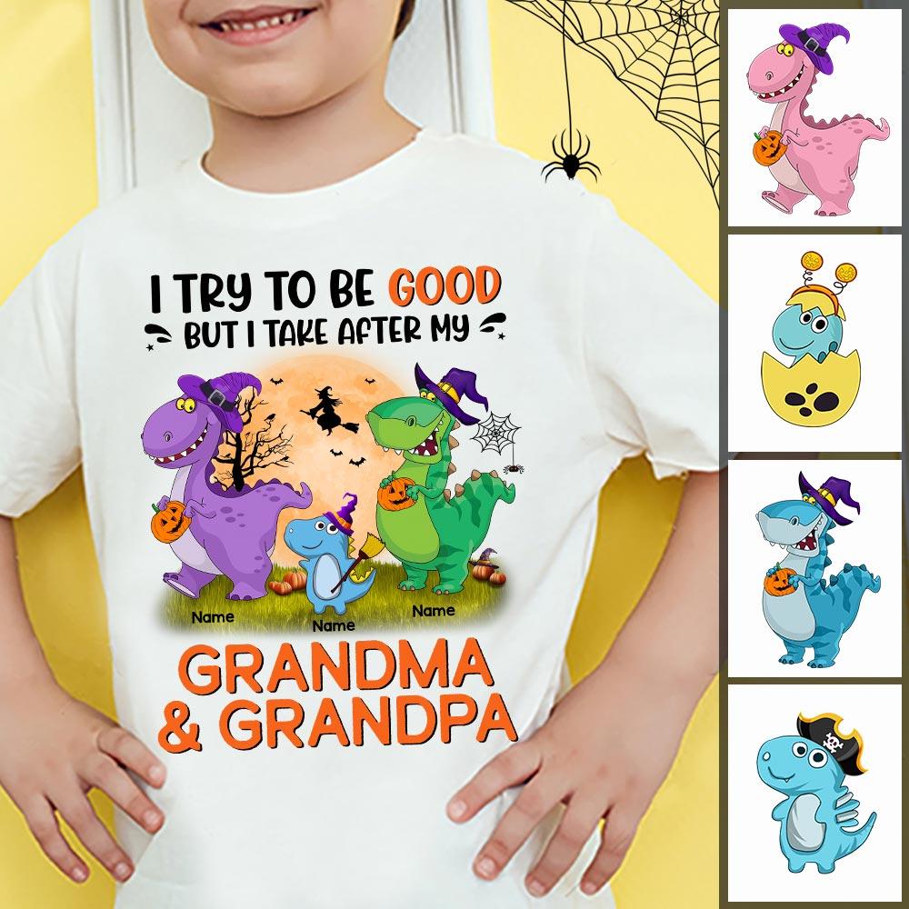 Personalized I Try To Be Good But I Take After My Grandpa And Grandma Halloween Dinosaurus Shirt.