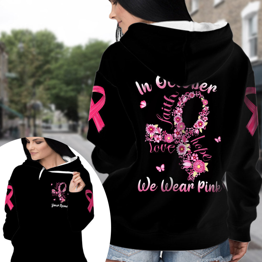 In October We Wear Pink, All Over Print Shirts For Breast Cancer Awareness, Ribbon & Flowers Art Print, Name Can Be Changed