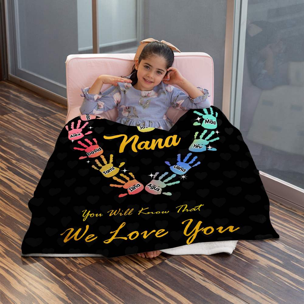 Personalized Gradient Handprints Love Heart Multi Color Family Blanket with Names Christmas Day Mother's Day Gift for Grandmother Mother
