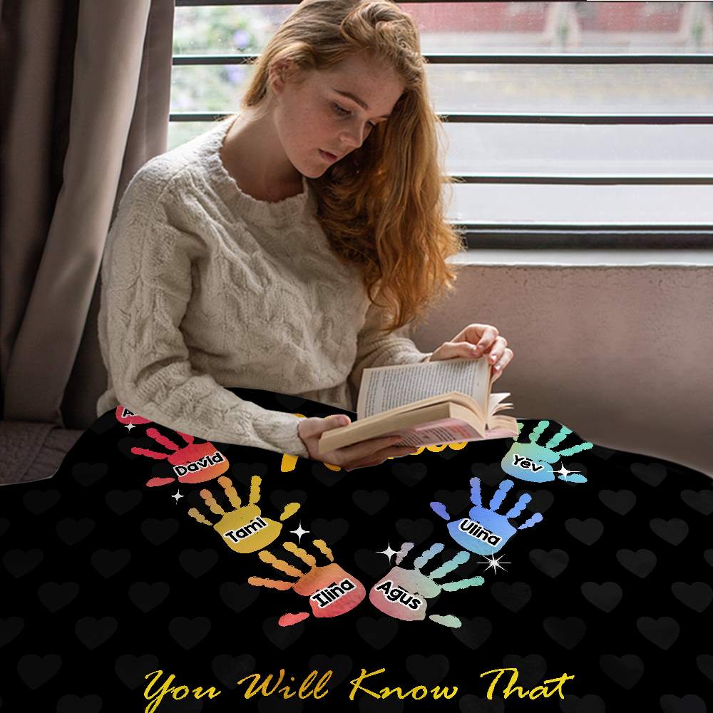 Personalized Gradient Handprints Love Heart Multi Color Family Blanket with Names Christmas Day Mother's Day Gift for Grandmother Mother