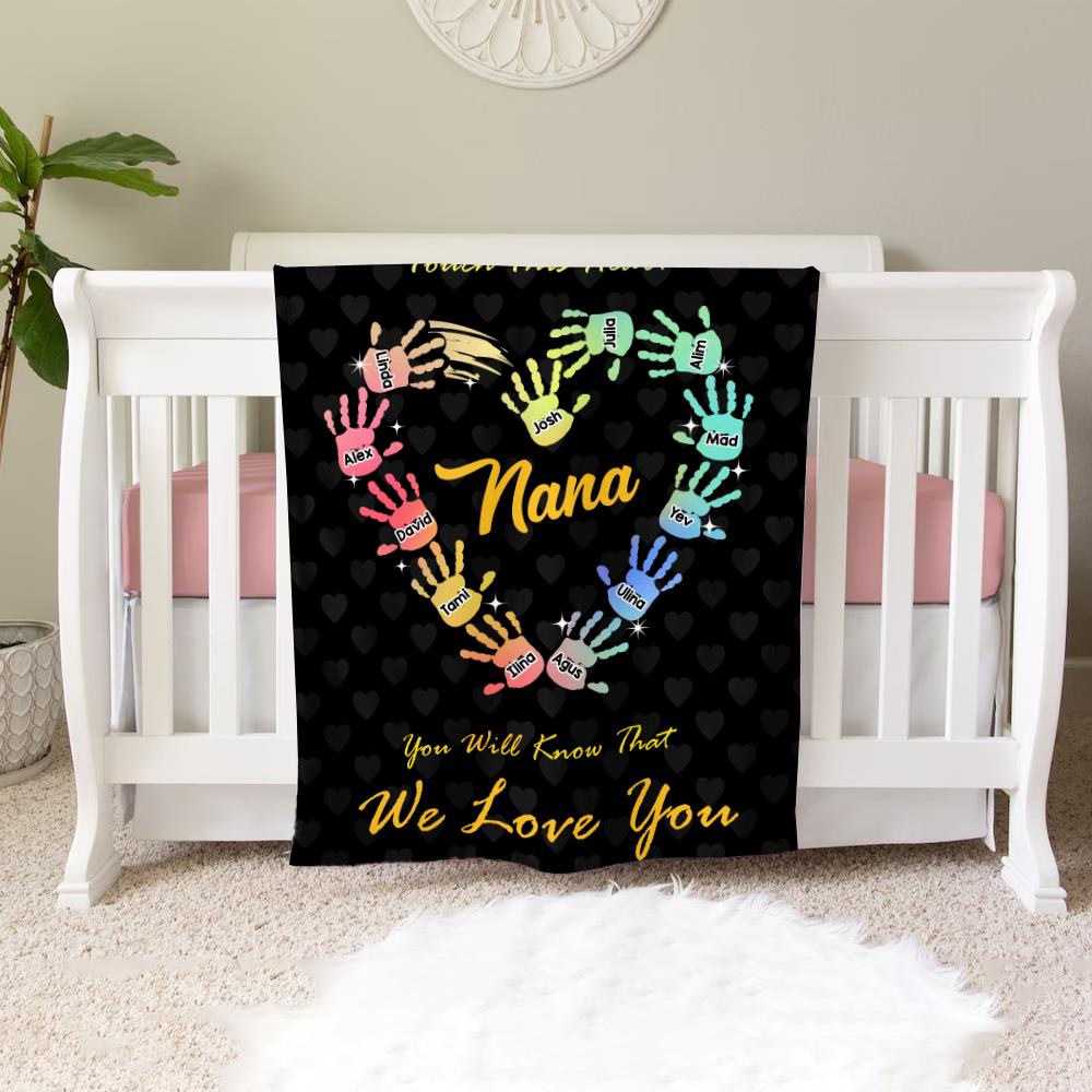 Personalized Gradient Handprints Love Heart Multi Color Family Blanket with Names Christmas Day Mother's Day Gift for Grandmother Mother