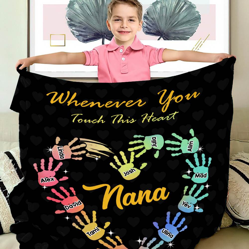 Personalized Gradient Handprints Love Heart Multi Color Family Blanket with Names Christmas Day Mother's Day Gift for Grandmother Mother