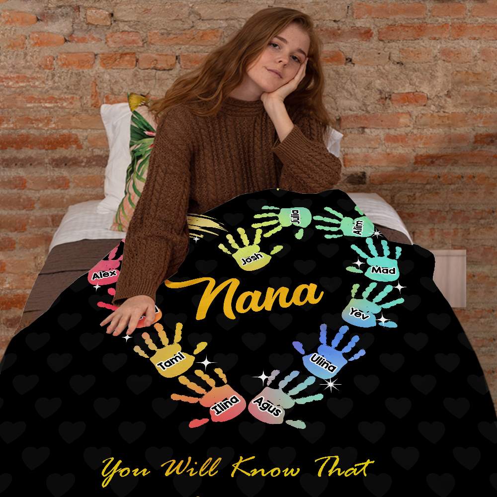 Personalized Gradient Handprints Love Heart Multi Color Family Blanket with Names Christmas Day Mother's Day Gift for Grandmother Mother
