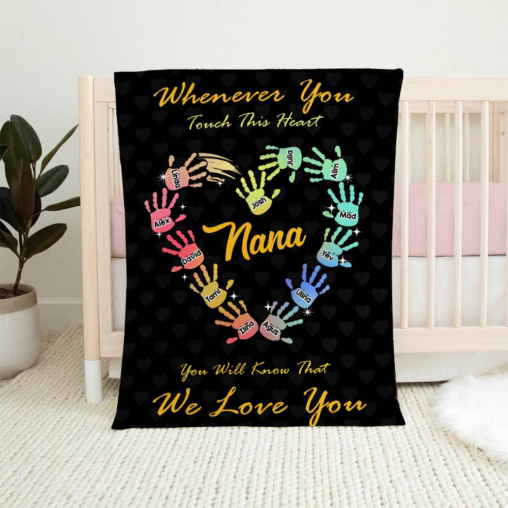 Personalized Gradient Handprints Love Heart Multi Color Family Blanket with Names Christmas Day Mother's Day Gift for Grandmother Mother