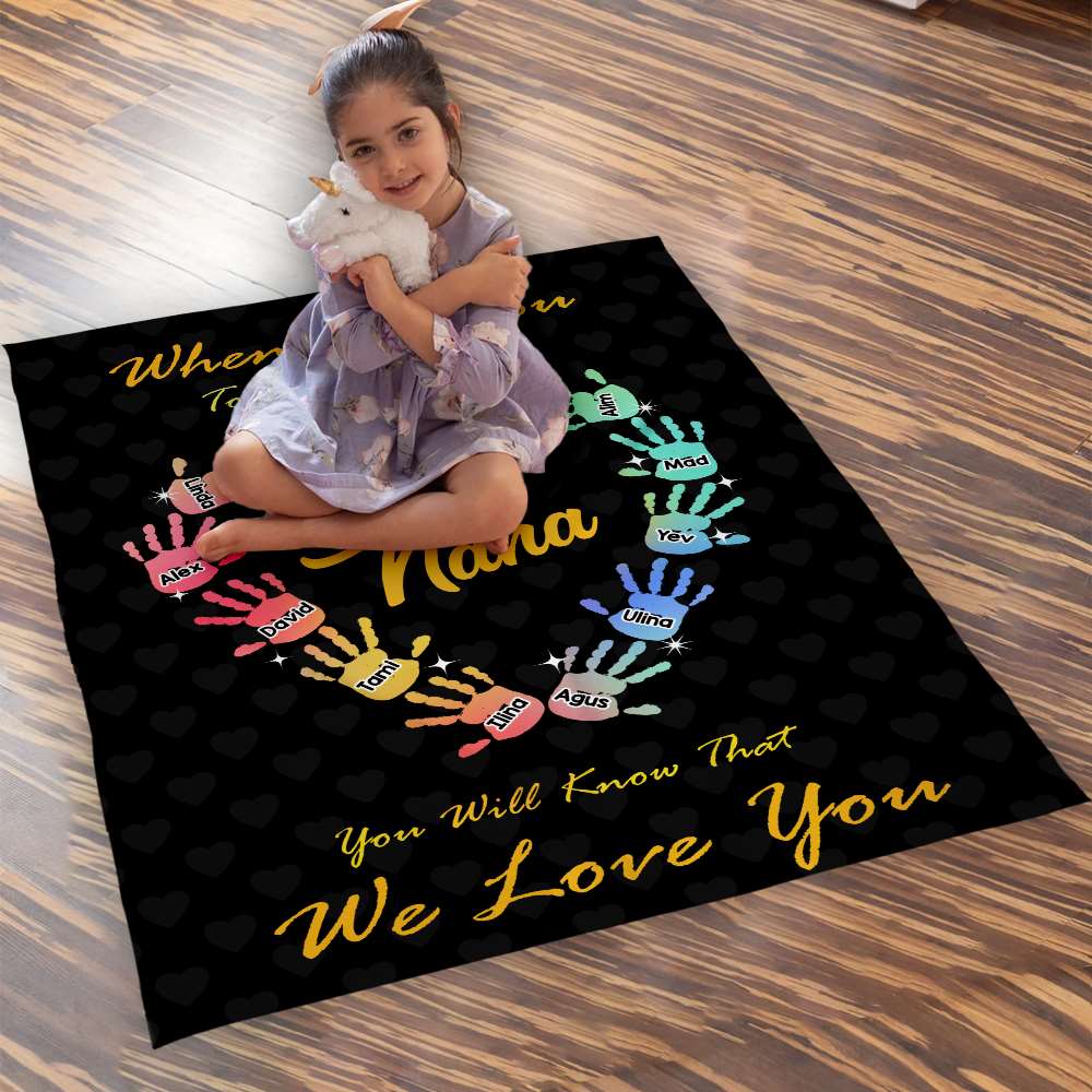 Personalized Gradient Handprints Love Heart Multi Color Family Blanket with Names Christmas Day Mother's Day Gift for Grandmother Mother