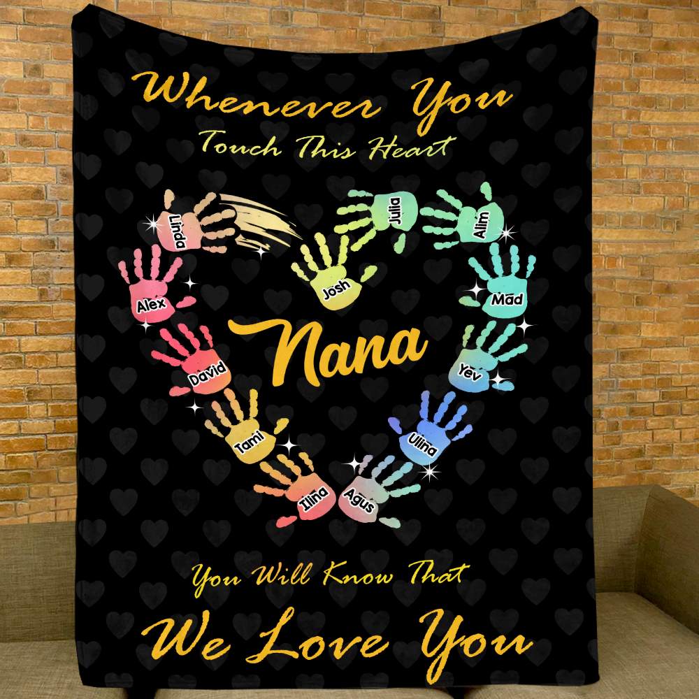 Personalized Gradient Handprints Love Heart Multi Color Family Blanket with Names Christmas Day Mother's Day Gift for Grandmother Mother