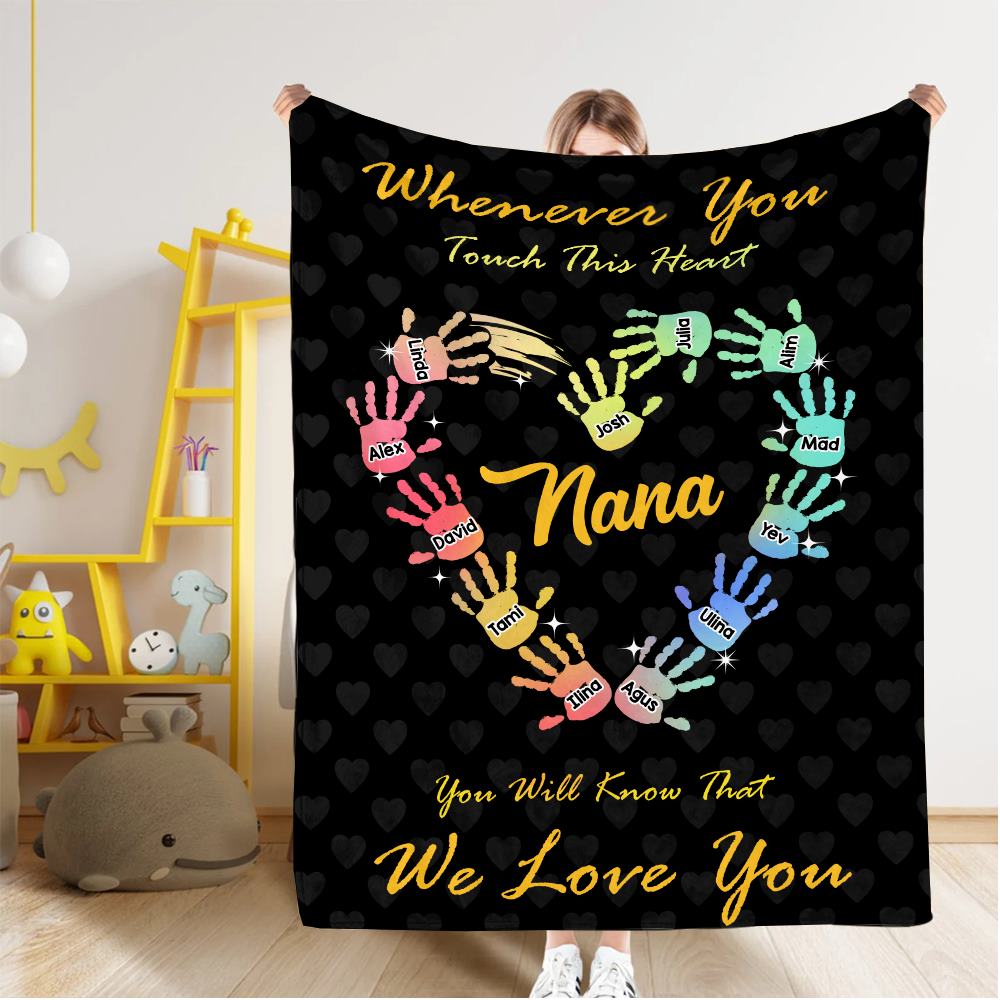 Personalized Gradient Handprints Love Heart Multi Color Family Blanket with Names Christmas Day Mother's Day Gift for Grandmother Mother