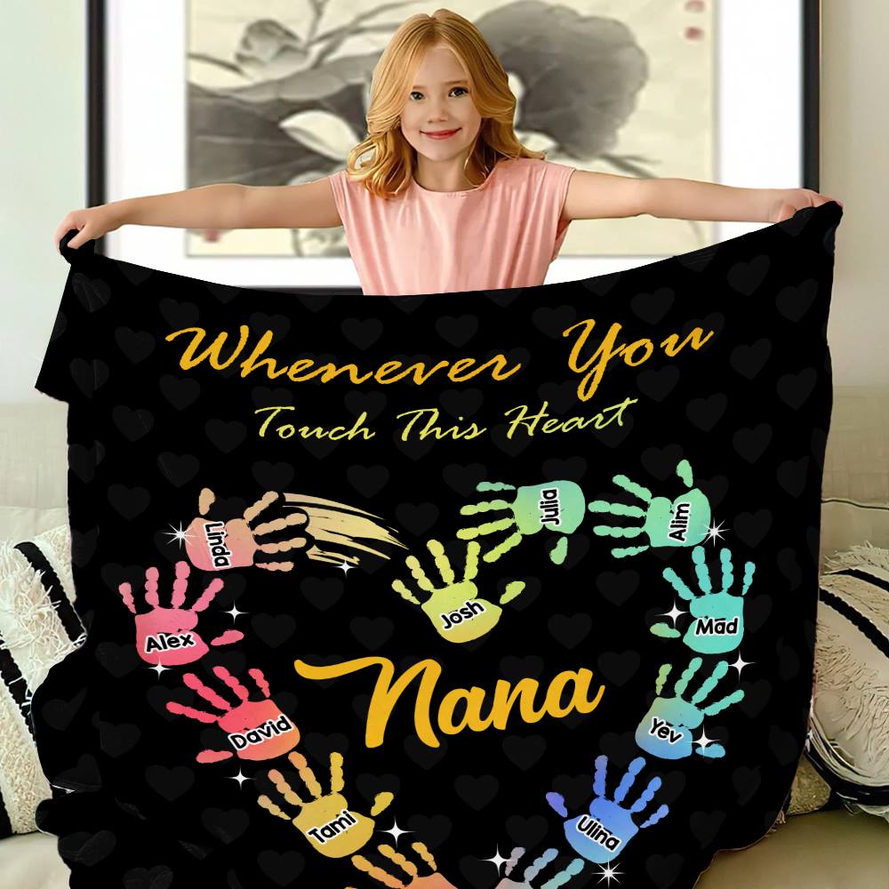 Personalized Gradient Handprints Love Heart Multi Color Family Blanket with Names Christmas Day Mother's Day Gift for Grandmother Mother