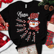Personalized Grandma Nana Christmas Shirt Nana With Grandkids Name Candy Cane Snowman Shirt
