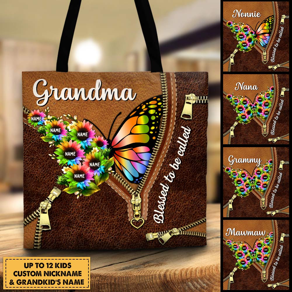 Custom Tote Bag Gift For Grandma - Best Nana Gifts - Butterfly Sunflowers Printed Leather Pattern Tote Bag