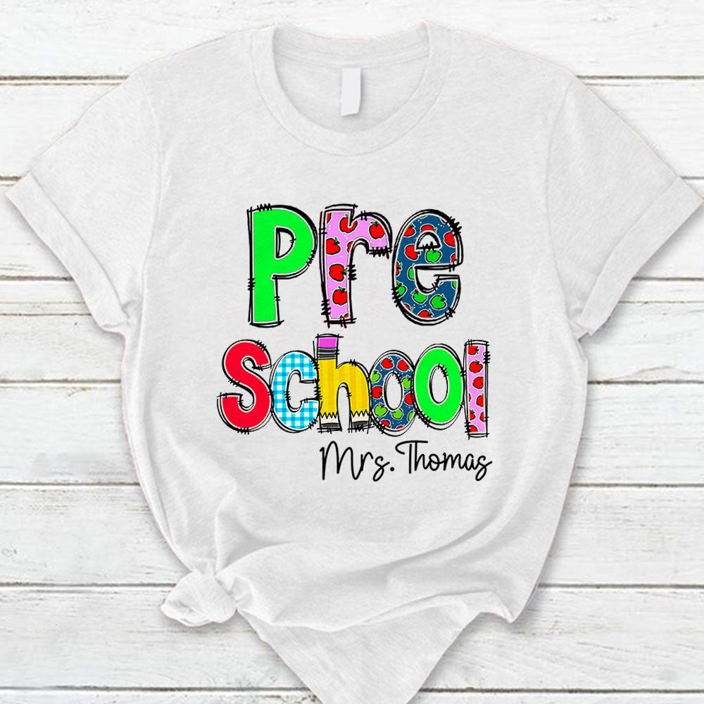 Personalized Pre School Grade Level And Title Shirt Cute Apple Pattern For Teacher Hk10