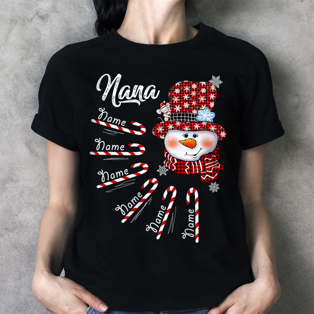 Personalized Grandma Nana Christmas Shirt Nana With Grandkids Name Candy Cane Snowman Shirt
