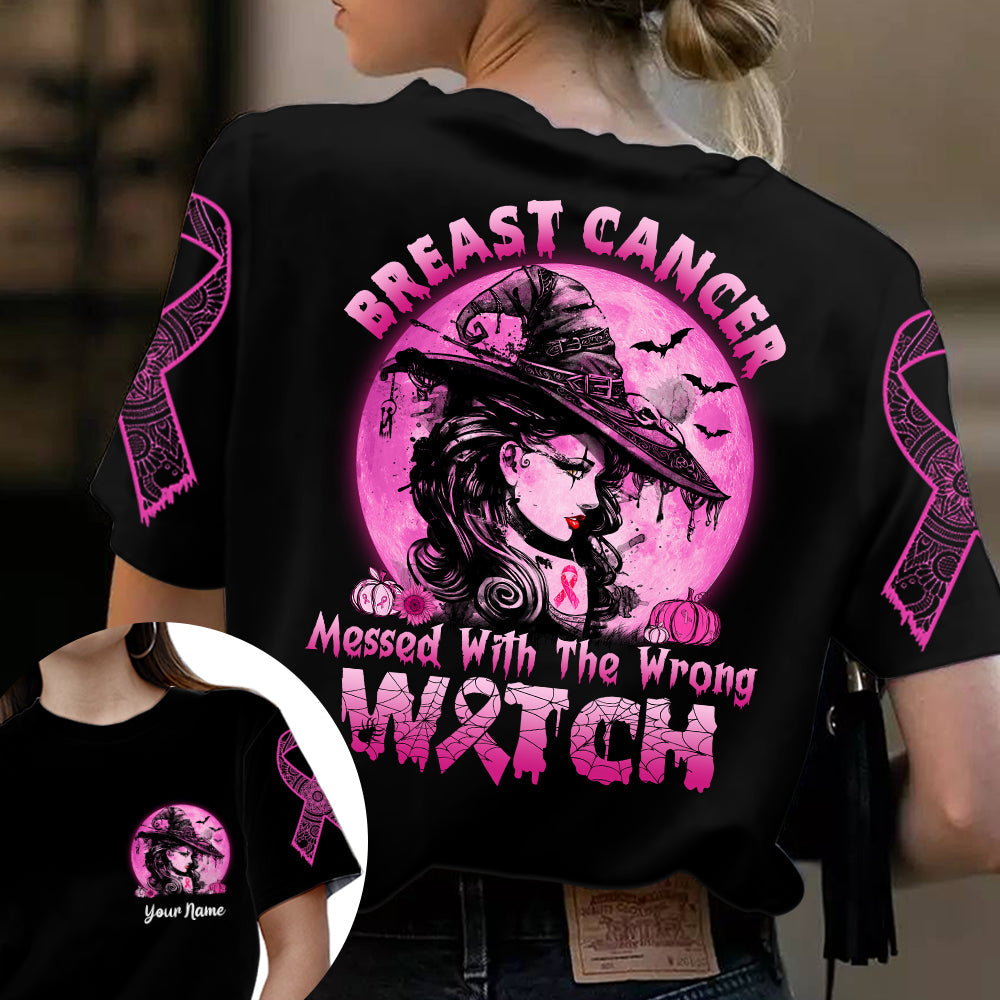 Breast Cancer Messed With The Wrong Witch, All Over Print Shirt For Breast Cancer Awareness, Happy Halloween, Name Can Be Changed