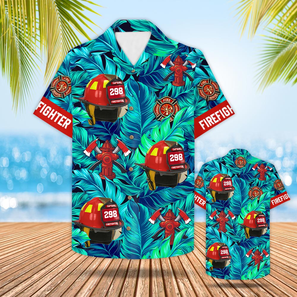 Custom Hawaiian Shirt Gift For Firefighter - Personalized Gifts For Fireman - Firefighter Helmet Tropical Pattern Hawaiian Shirt