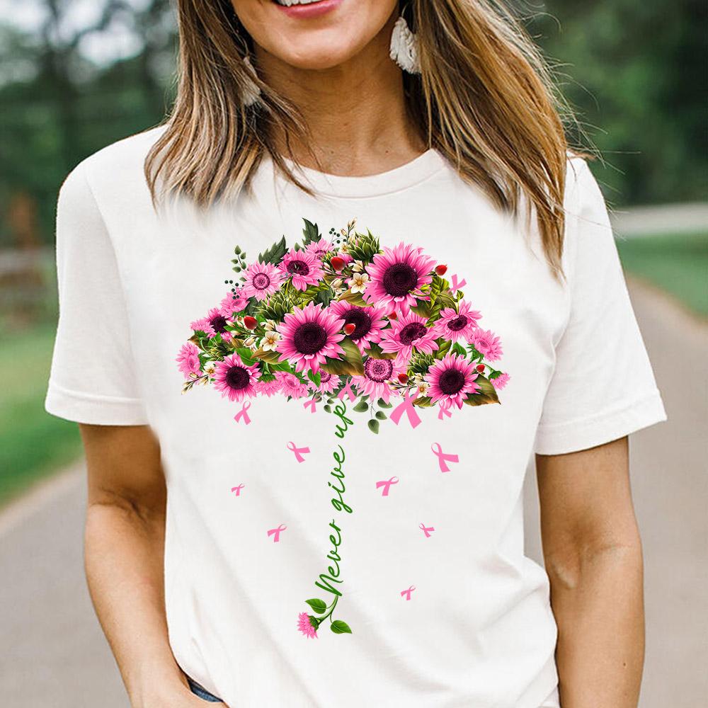 Never Give Up Breast Cancer Umbrella Flower Shirt Proud Breast Cancer Awareness Shirt For October Girl