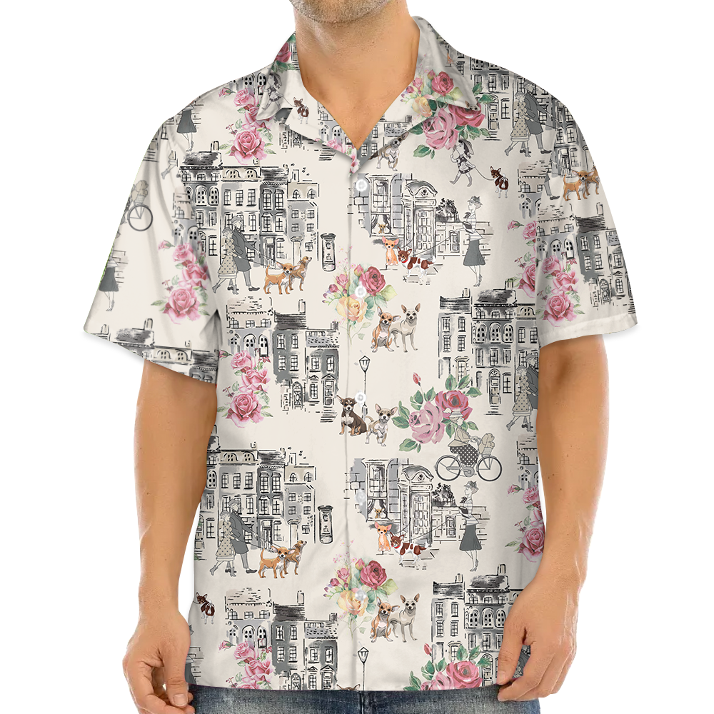 Chihuahua Walking With Woman In Urban Hawaiian Shirt
