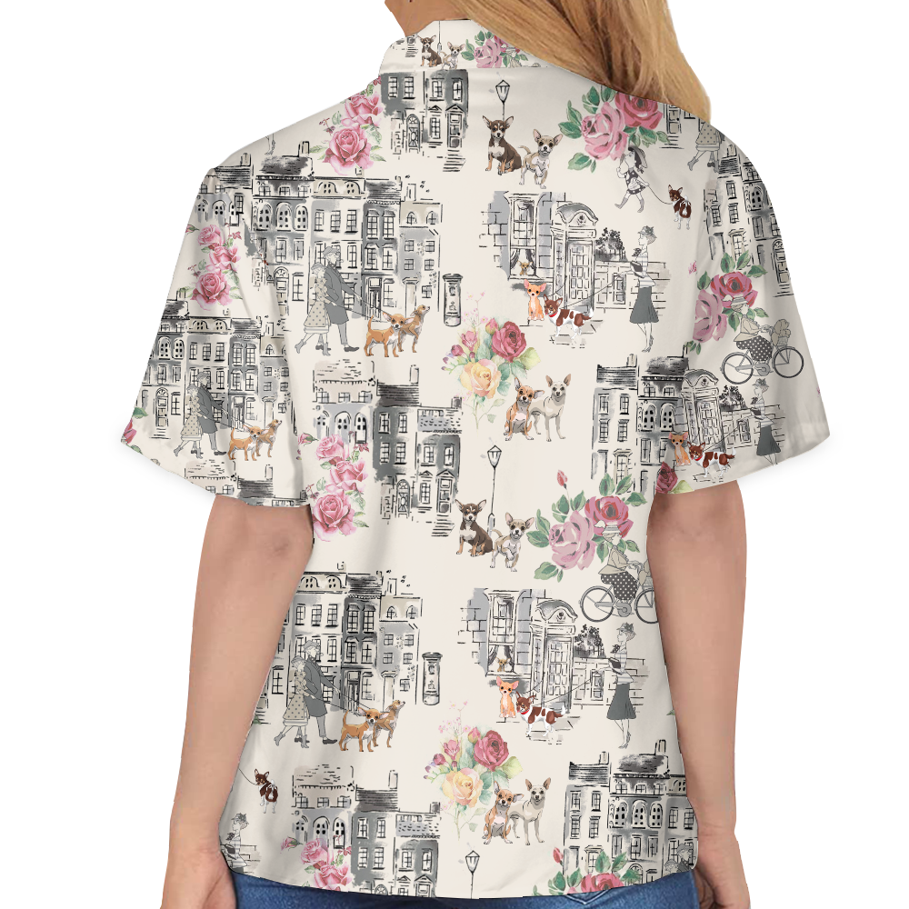 Chihuahua Walking With Woman In Urban Hawaiian Shirt