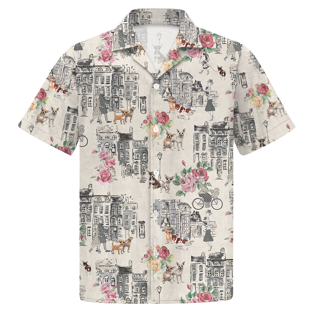 Chihuahua Walking With Woman In Urban Hawaiian Shirt