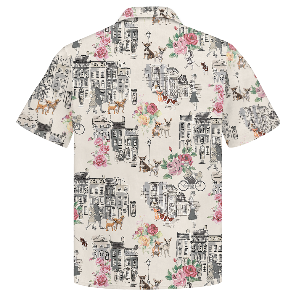 Chihuahua Walking With Woman In Urban Hawaiian Shirt