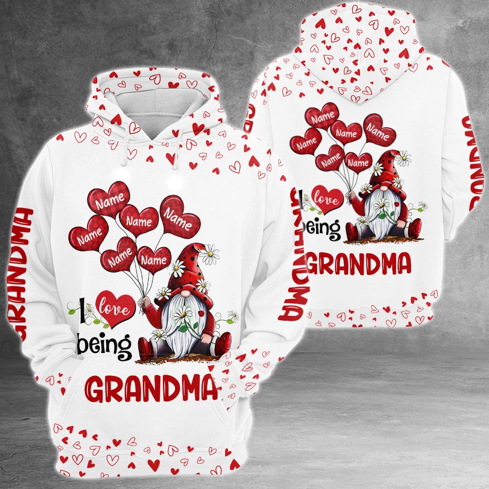 Personalized I Love Being Grandma Gnomes Balloon Hearts 3D Shirt Grandma With Grandkids Name Gnomes 3D All Over Print Shirt Hoodie Zip Hoodie