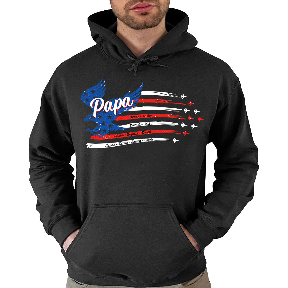 Papa with Grandkids Names 4th Of July Red White Blue Air Force Flyover Personalized Shirt For Grandpas