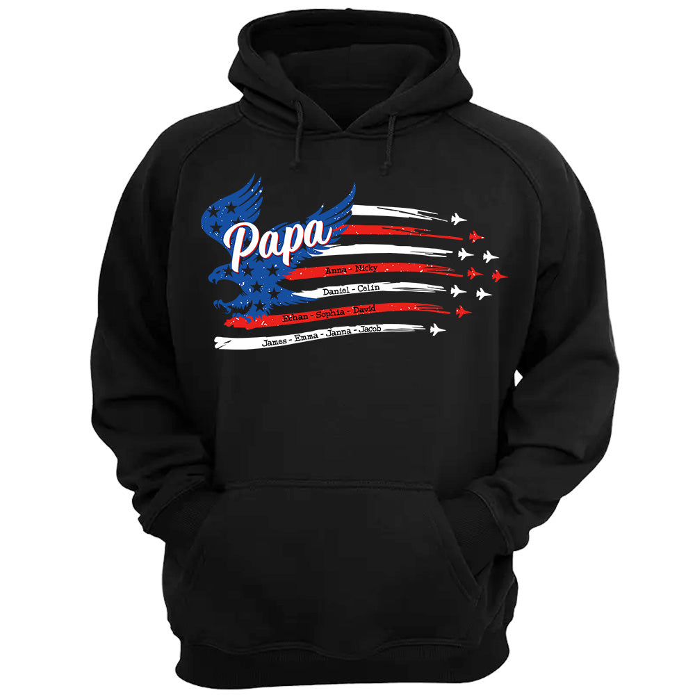 Papa with Grandkids Names 4th Of July Red White Blue Air Force Flyover Personalized Shirt For Grandpas