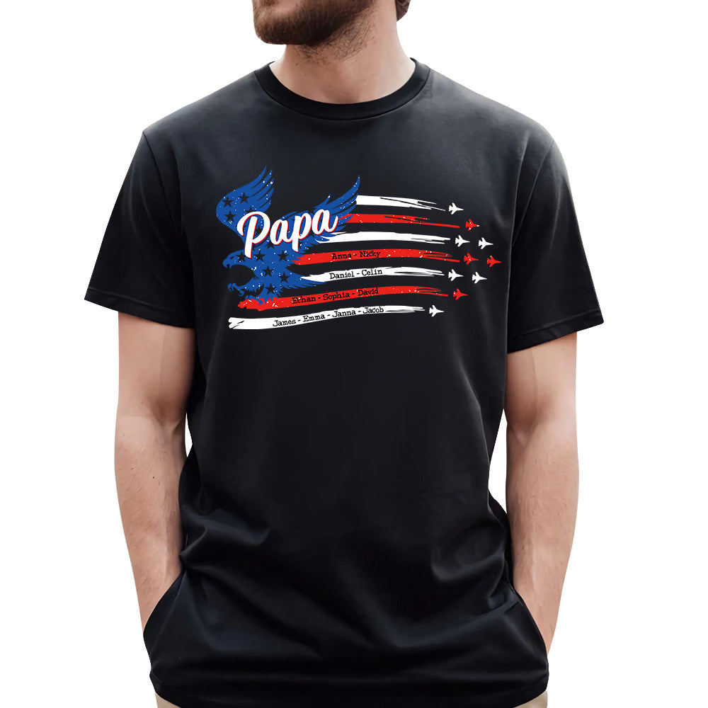 Papa with Grandkids Names 4th Of July Red White Blue Air Force Flyover Personalized Shirt For Grandpas