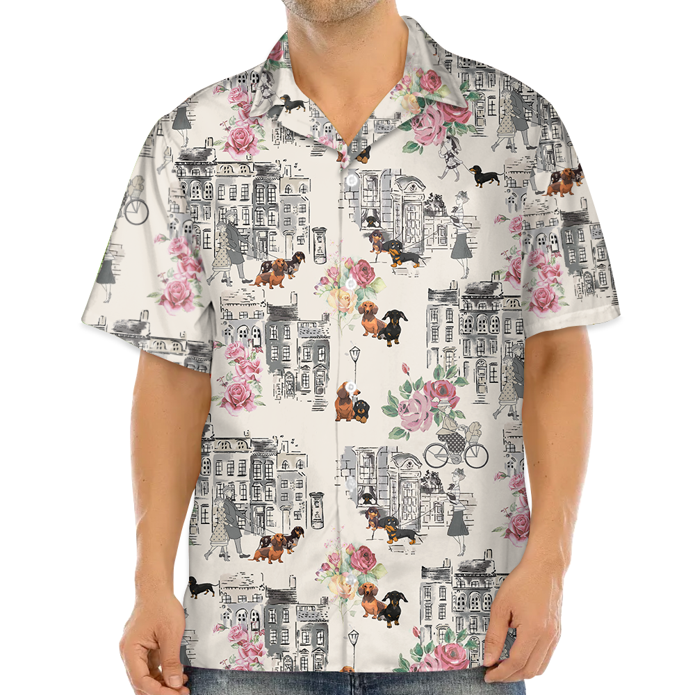 Dachshund Walking With Woman In Urban Hawaiian Shirt