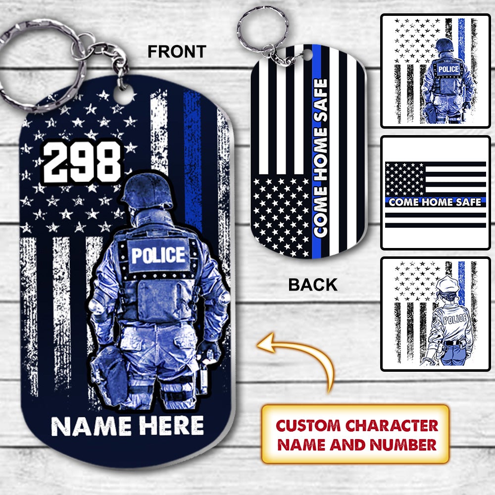 Personalized Come Home Safe Police Officer Suit Thin Blue Line Stainless Steel Keychain