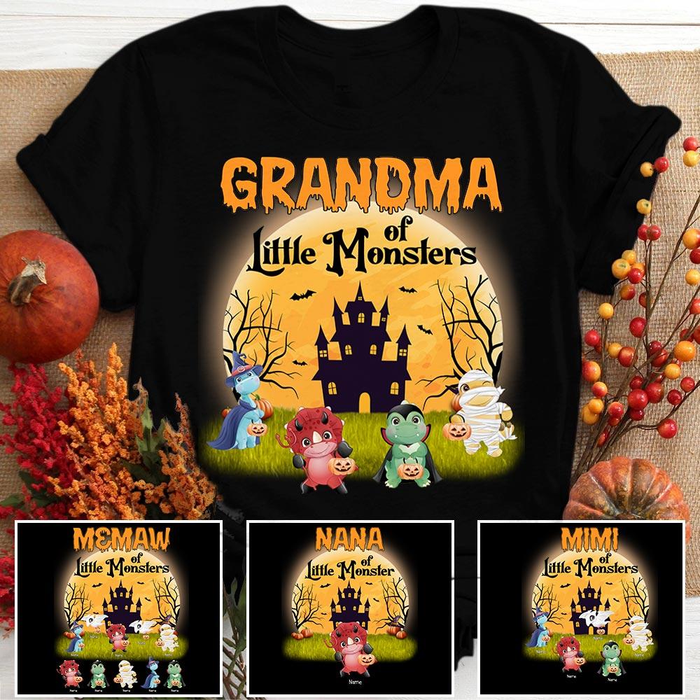 Personalized Grandma Of Little Monsters Halloween Dinosaur Shirt, Grandma Halloween Shirt, Custom Grandma With Grandkids Name Shirt.