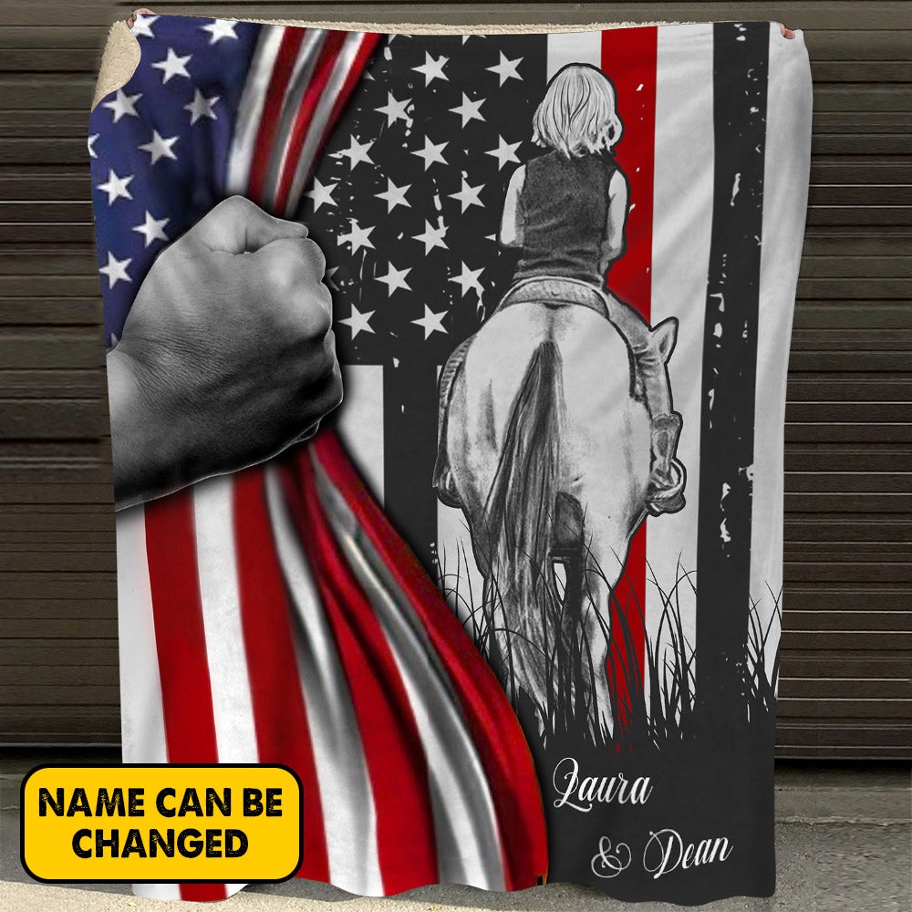 Horse Girl American Flag Custom Blanket Gifts For Horse Lovers For Cowboy