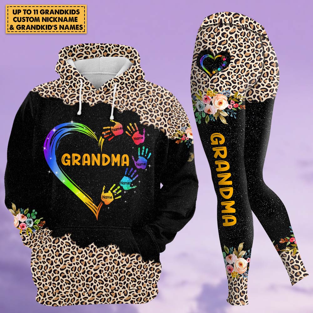 Grandma Mom Heart Hand Leopard Pattern Personalized All Over Print, 3D Hoodie, Tank Top And Legging Set For Grandma