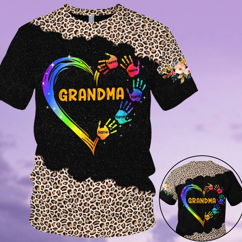 Grandma Mom Heart Hand Leopard Pattern Personalized All Over Print, 3D Hoodie, Tank Top And Legging Set For Grandma