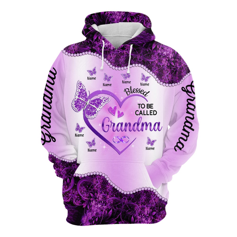 Blessed To Be Called Grandma Purple Butterfly 3D Shirt Grandma 3D Hoodie Grandma With Grandkids Name 3D All Over Print