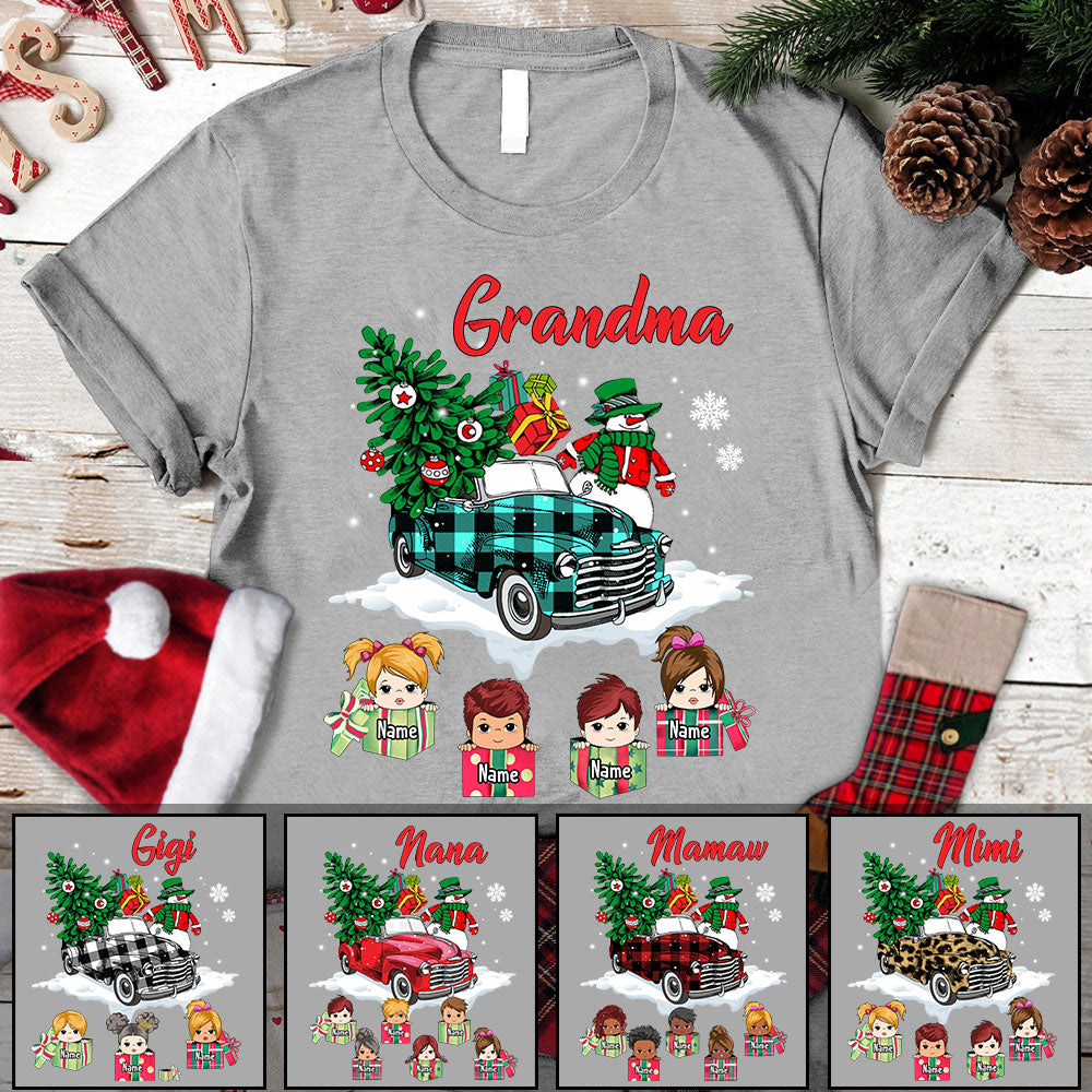 Personalized Grandma Snowman With Truck Shirt, Grandma Nana Christmas Shirt, Custom Grandma With Grandkids Name Shirt