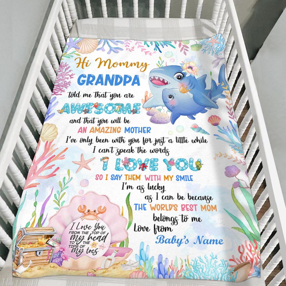 Grandpa Told Me That You Are Awesome Cute Baby Shark Custom First Mother's Day Blanket Gift For Newborn