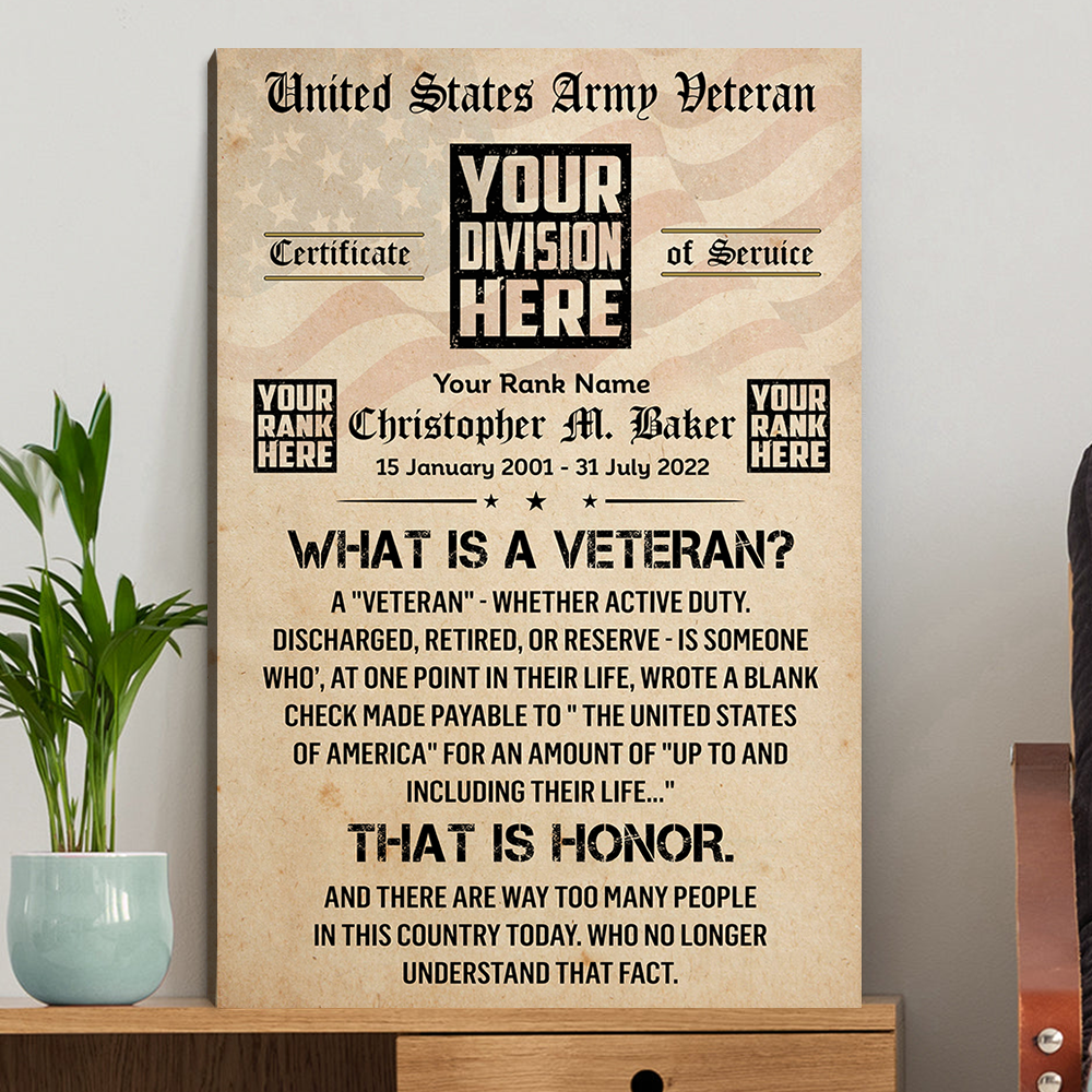 US Veteran Certificate Of Service Custom Poster Canvas What Is A Veteran Gift For Veterans K1702