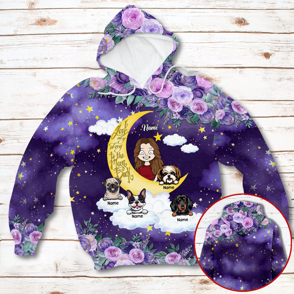 Personalized I Love My Dogs To The Moon And Back Moon And Purple Flower 3D All Over Print Shirts Hoodie For Dog Mom Ht95