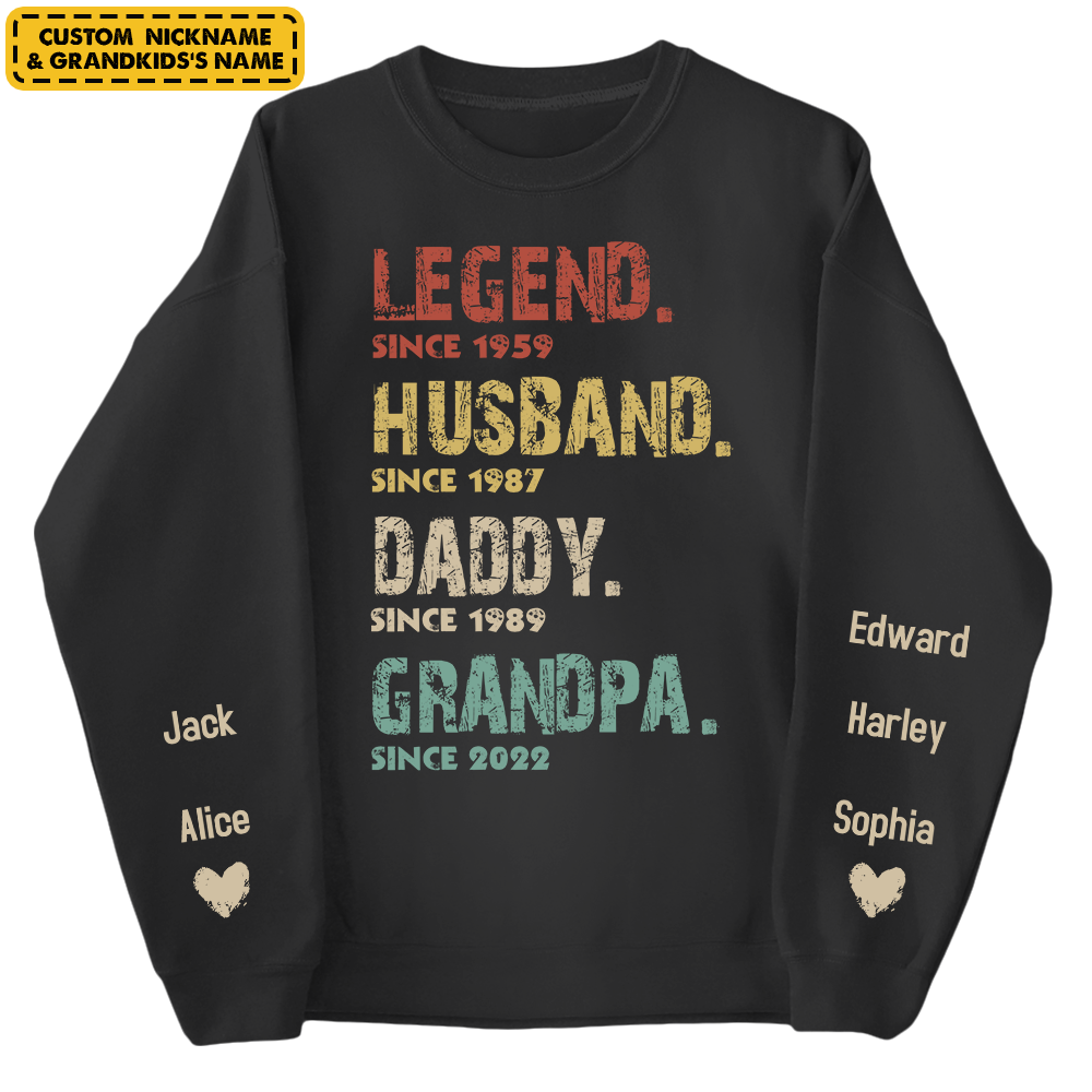 Personalize Vintage Legend Husband Daddy Poppy Sweatshirt with Grandkids Names on Sleeve, Grandpa Sweatshirt, Abuelo Sweatshirt, Fathers Day Gift, New Grandpa Gift