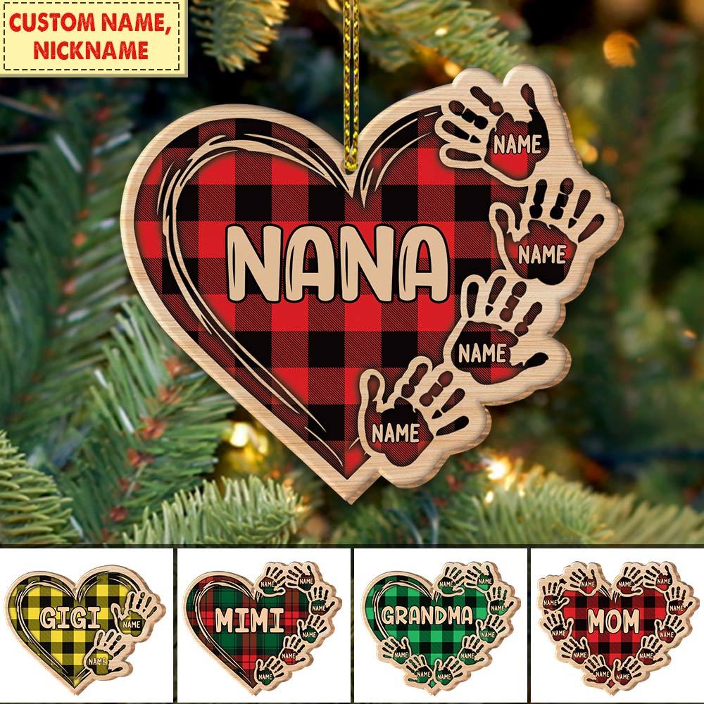 Personalized Ornament Gift For Grandma - Custom Ornaments Gift For Grandma - Heart Hand Print Rec Plaid Wood Ornament