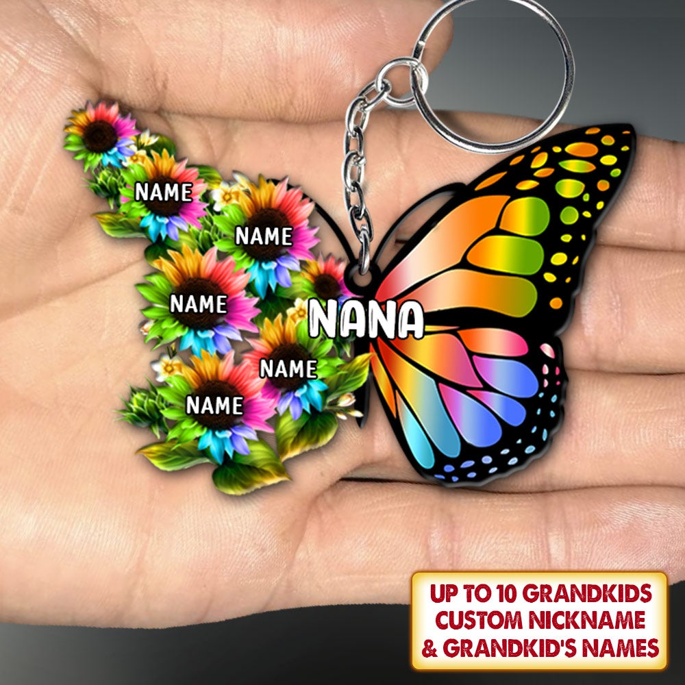 Custom Keychain Gift For Grandma - Personalized Gifts For Grandma - Butterfly With Sunflower Keychain