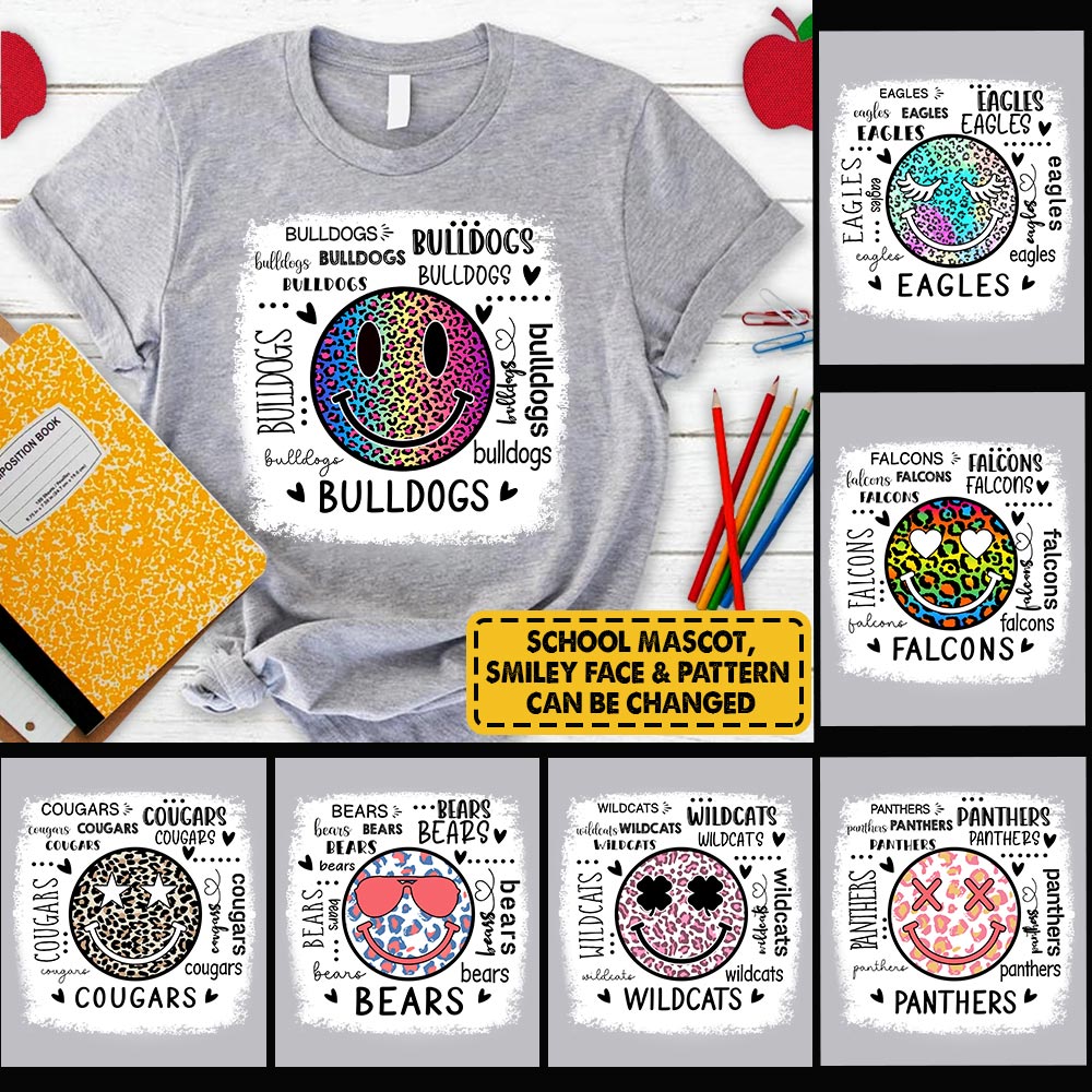 Personalized School Mascot Colorful Leopard Smiley Face T-Shirt For Teacher