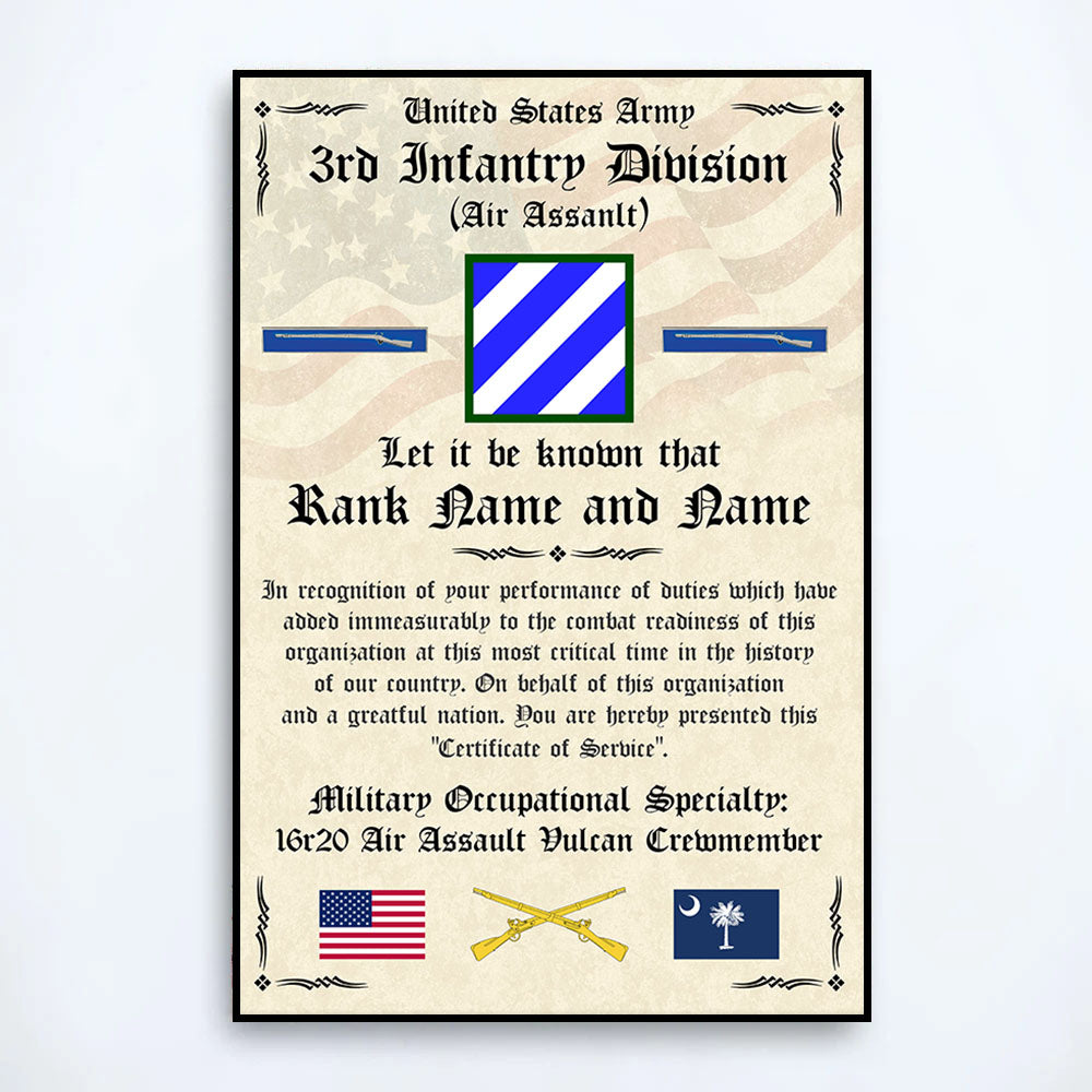 Veteran Division Personalized Classic Art Print Certificate For den Game Room Or Living Room All Branches Available K1702