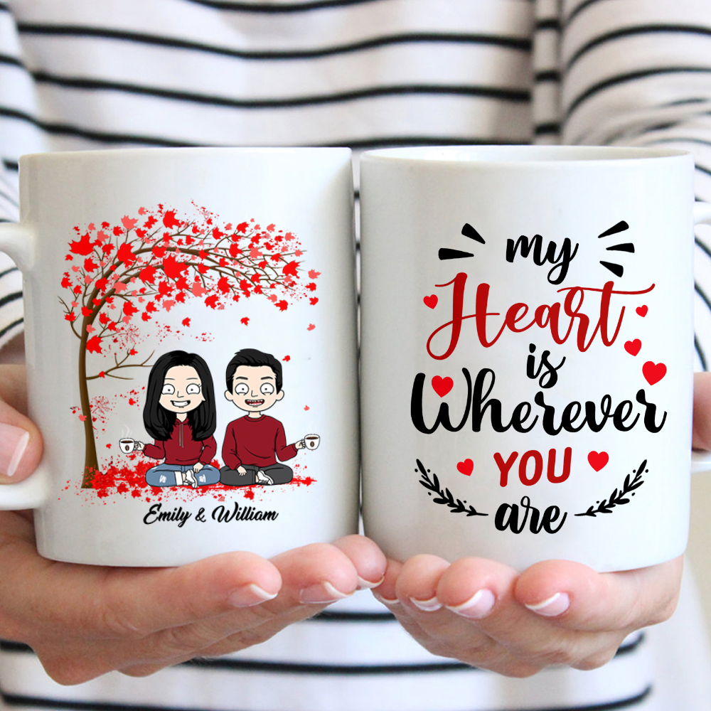 My Heart Is Wherever You Are Wife And Husband Tree Heart Custom Mug Gift For Couple