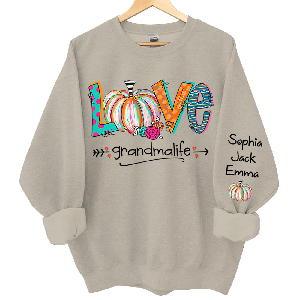 Love Grandma Life Pumpkins Grandkids Name Sweatshirt